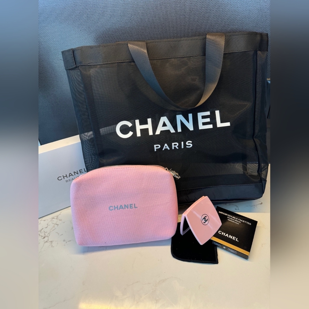 Chanel Beauty Black MESH SHOPPING TOTE BAG BEACH TOTE BUNDLE mirror pink